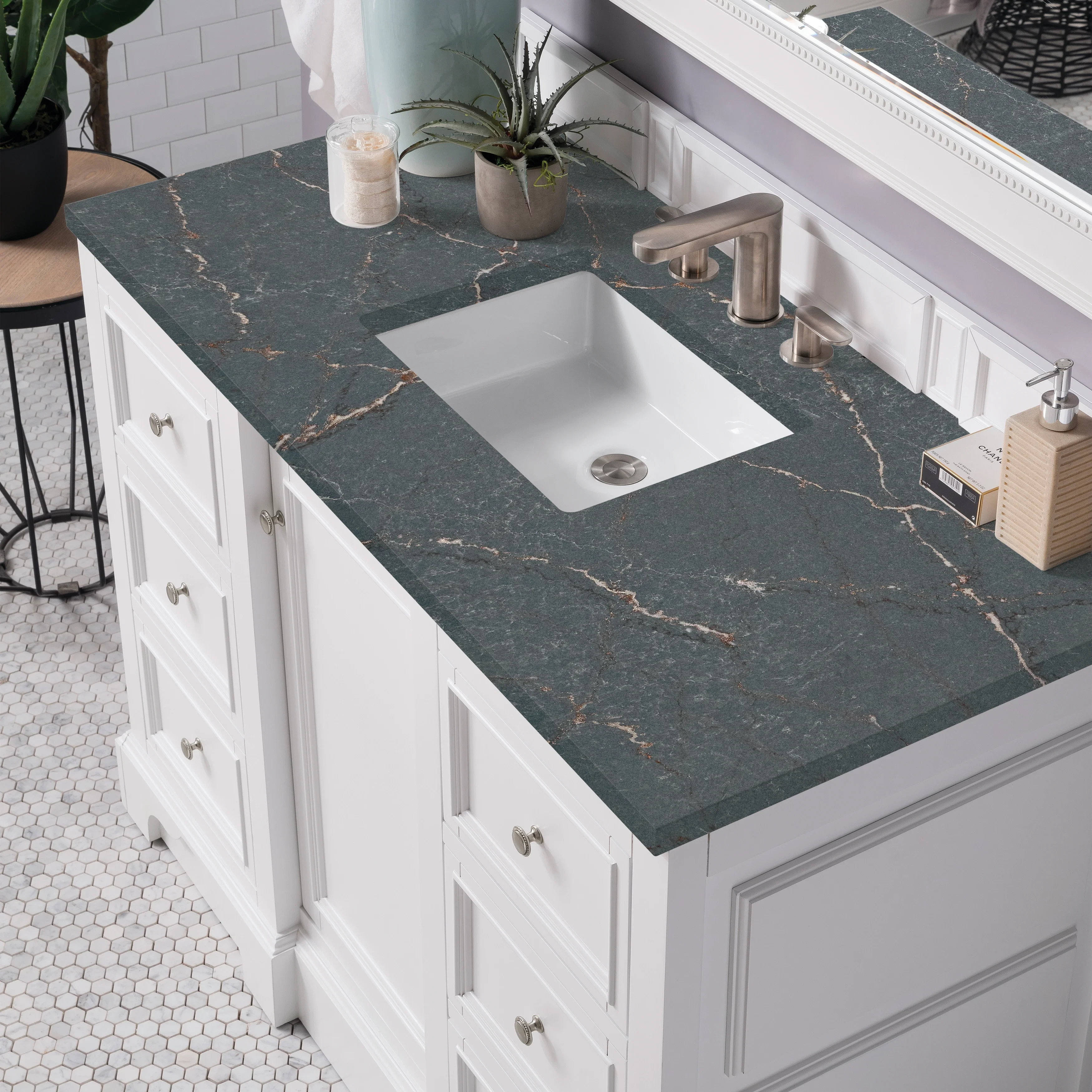 De Soto 48" Single Vanity, Bright White w/ 3 CM Parisien Bleu Silestone Top