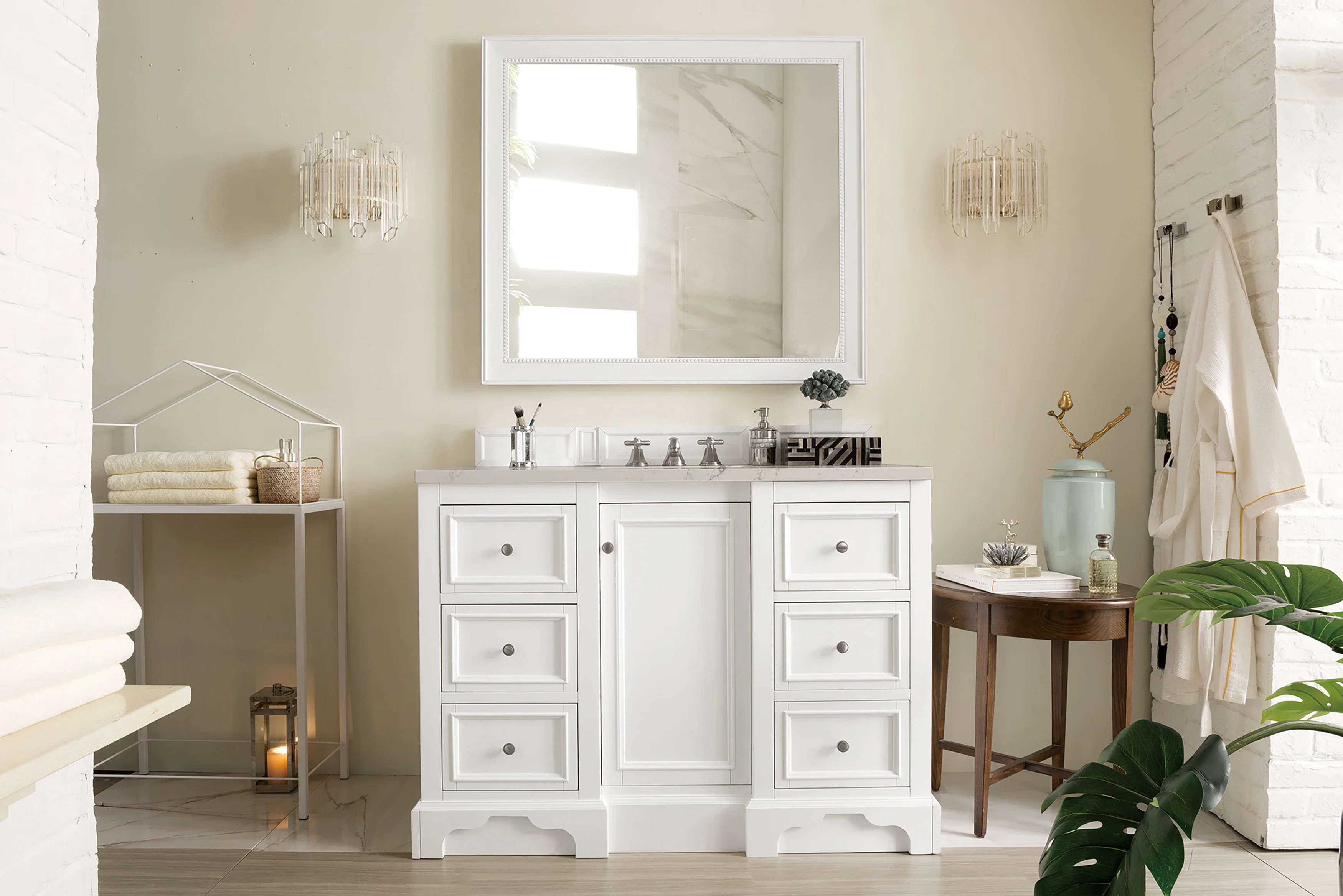 De Soto 48" Single Vanity, Bright White, w/ 3 CM Siberian Silestone Top