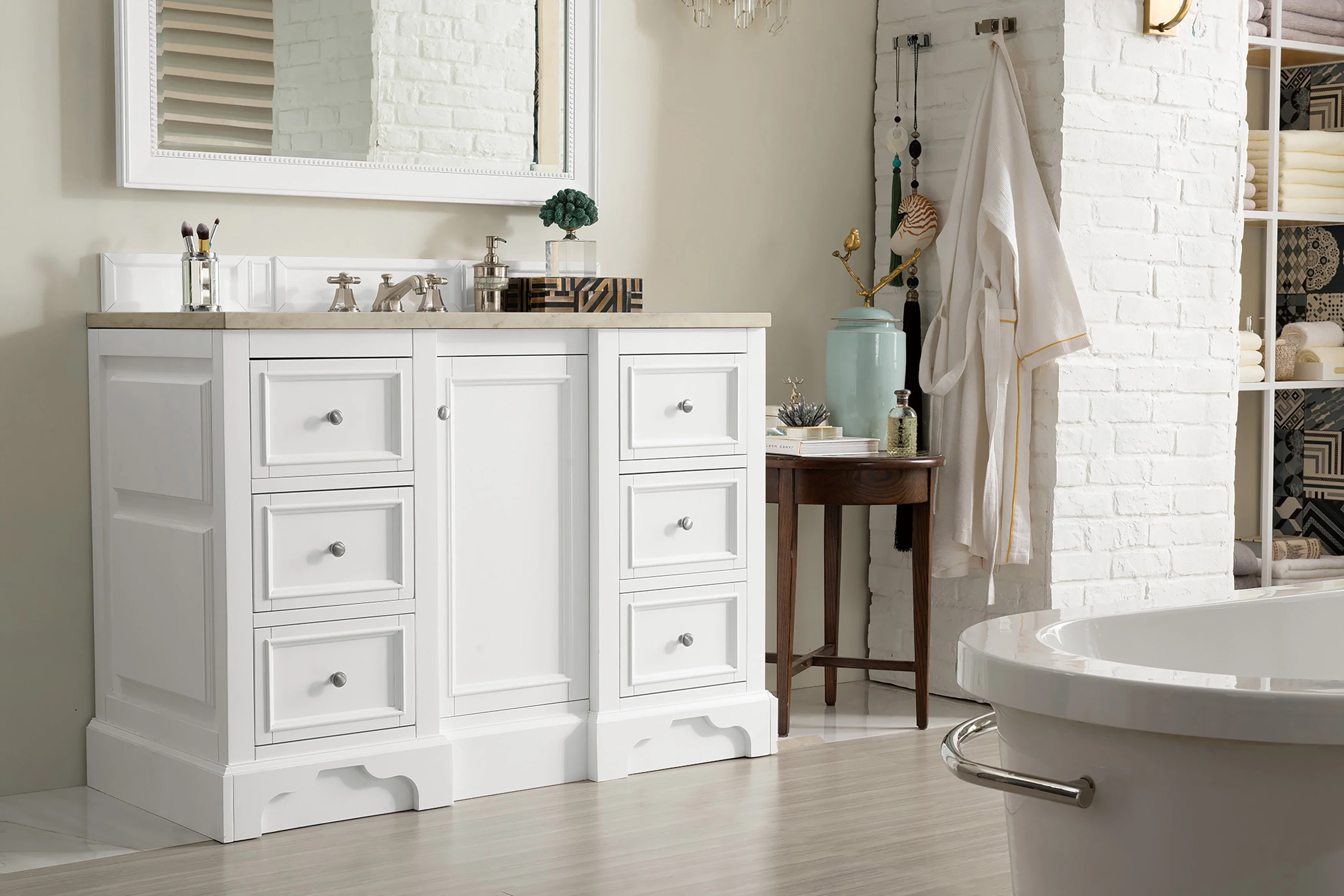 De Soto 48" Single Vanity, Bright White, w/ 3 CM Tajnar Eclos Top