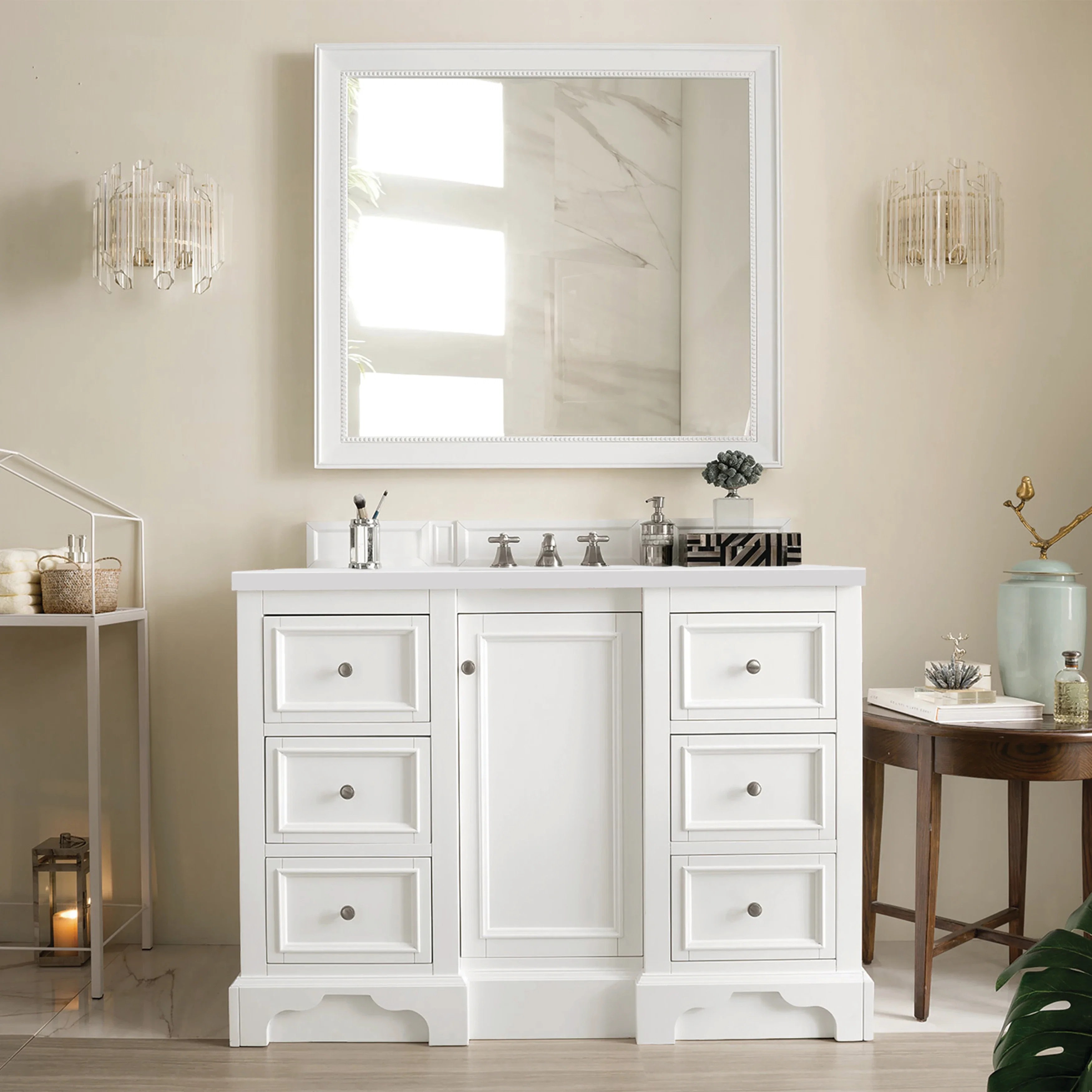 De Soto 48" Single Vanity, Bright White w/ 3 CM White Zeus Silestone Top