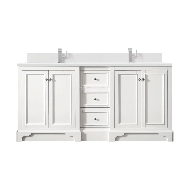 De Soto 72" Double Vanity, Bright White w/ Single Hole 3 CM White Zeus Silestone Top & Backsplash