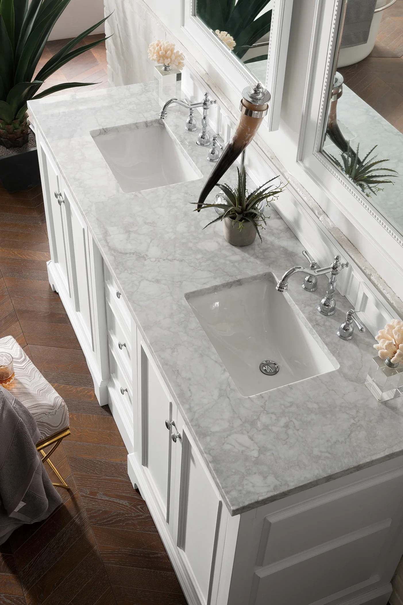 De Soto 72" Double Vanity, Bright White w/ 3 CM Carrara Marble Top