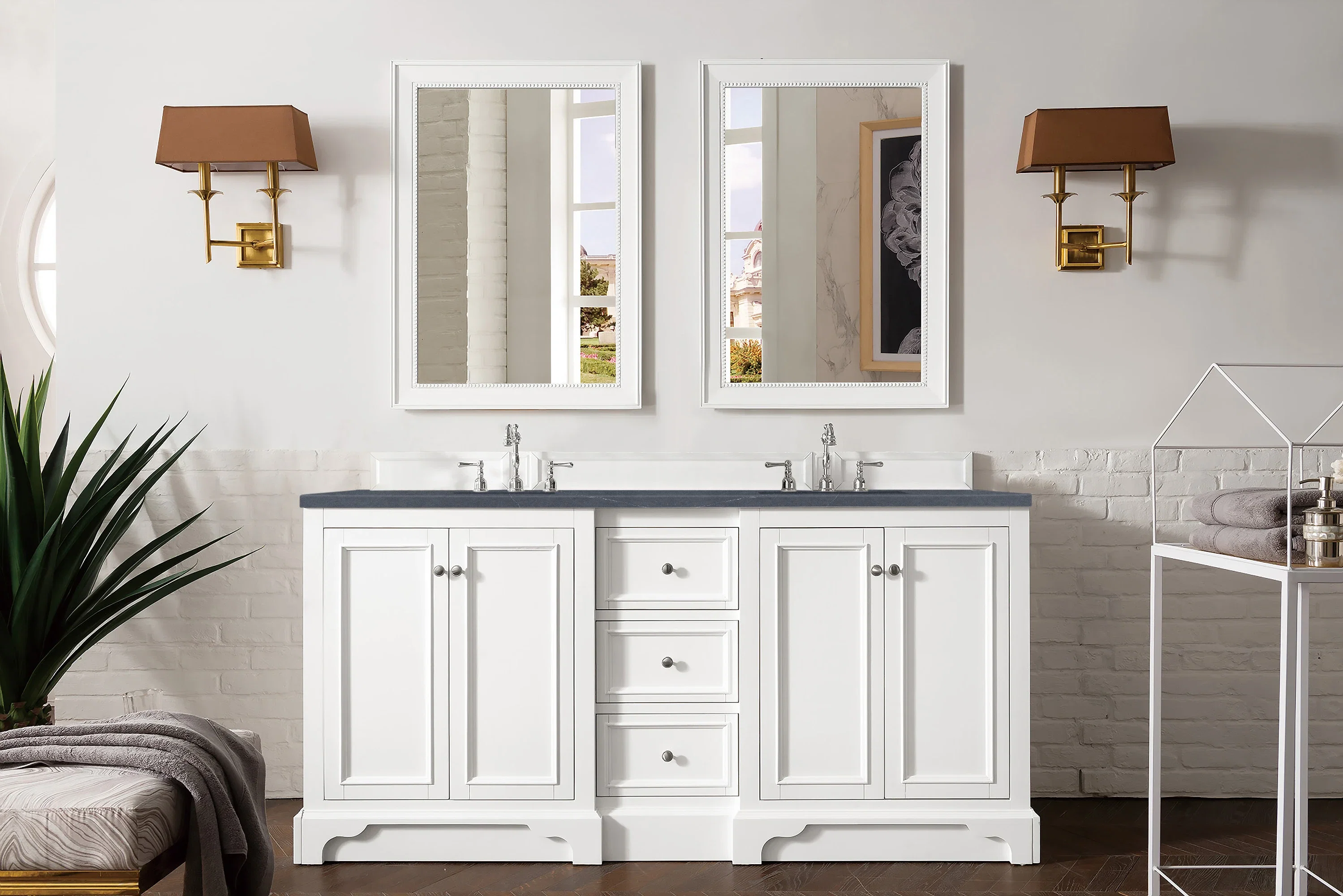 De Soto 72" Double Vanity, Bright White w/ 3 CM Charcoal Soapstone Silestone Top