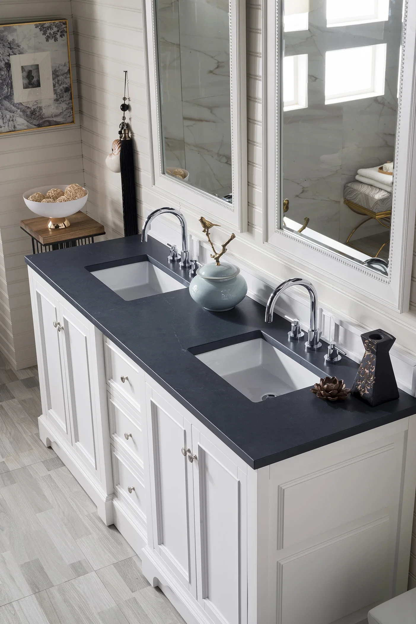 De Soto 72" Double Vanity, Bright White w/ 3 CM Charcoal Soapstone Silestone Top