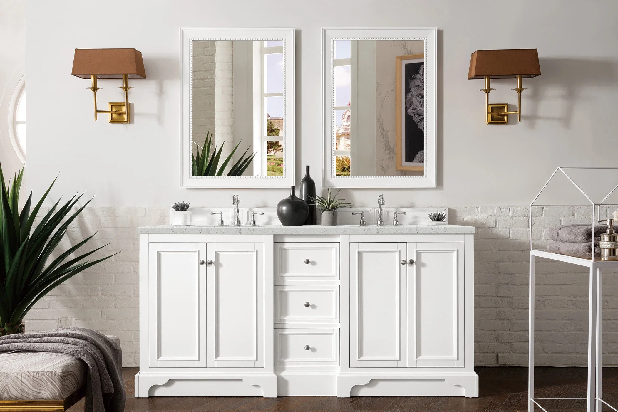 De Soto 72" Double Vanity, Bright White w/ 3 CM Eternal Jasmine Pearl Silestone Top