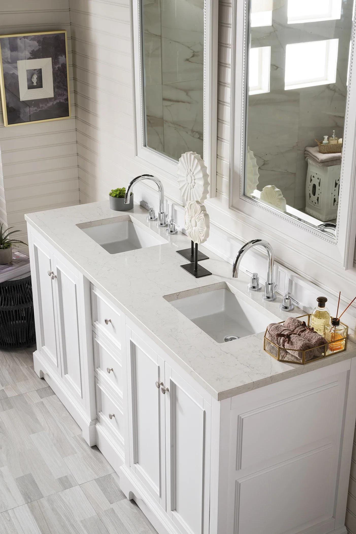 De Soto 72" Double Vanity, Bright White w/ 3 CM Eternal Jasmine Pearl Silestone Top