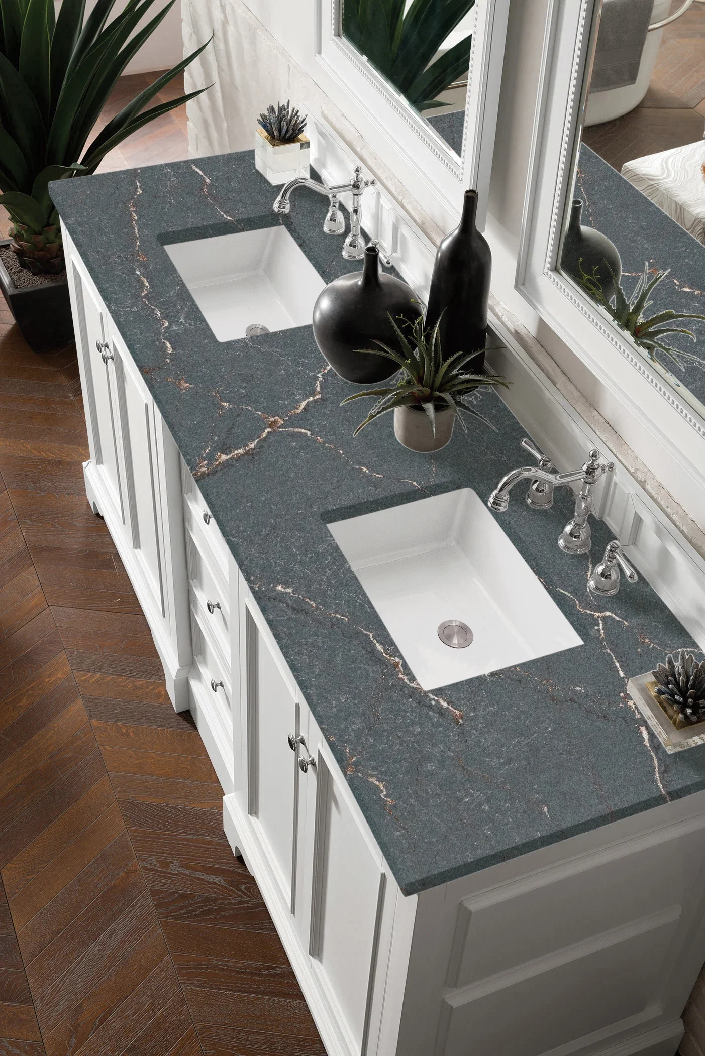 De Soto 72" Double Vanity, Bright White w/ 3 CM Parisien Bleu Silestone Top