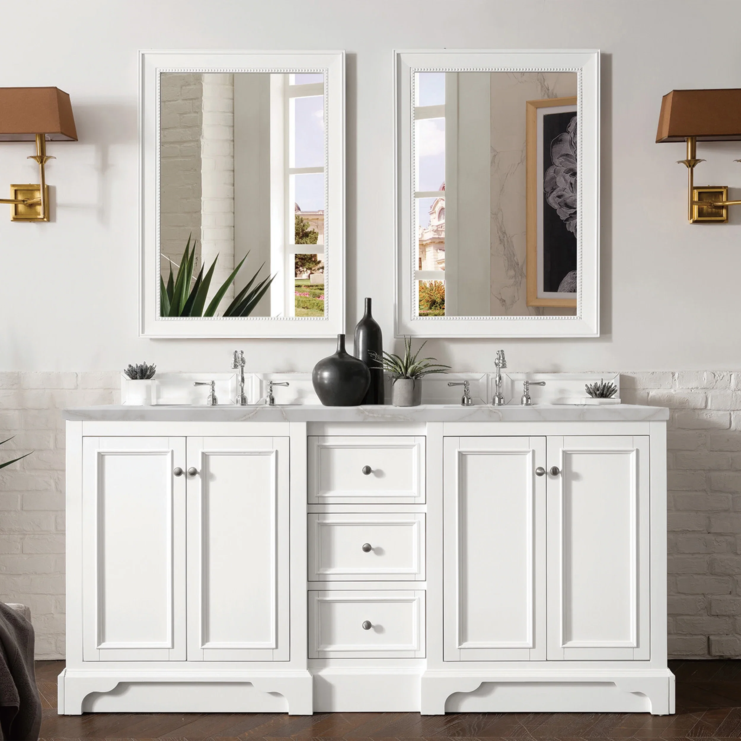 De Soto 72" Double Vanity, Bright White w/ 3 CM Victorian Silver Silestone Top