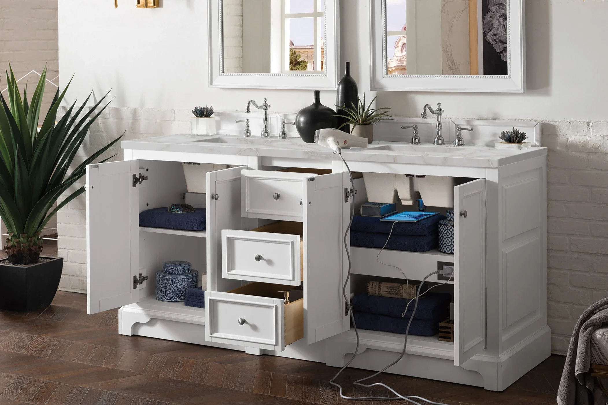 De Soto 72" Double Vanity, Bright White w/ 3 CM Victorian Silver Silestone Top
