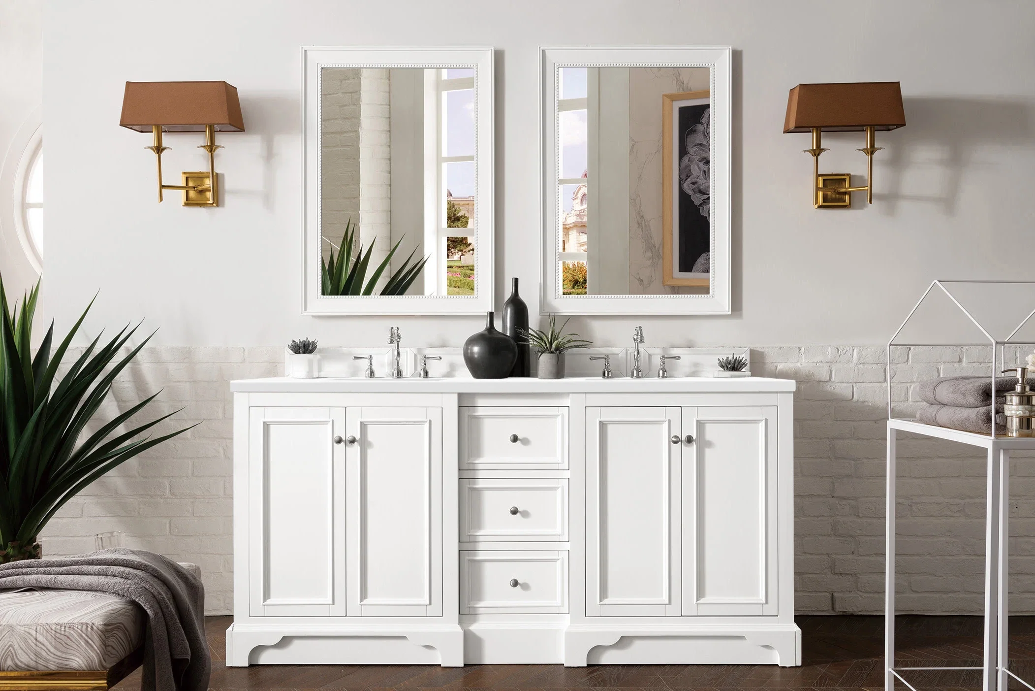 De Soto 72" Double Vanity, Bright White w/ 3 CM White Zeus Silestone Top