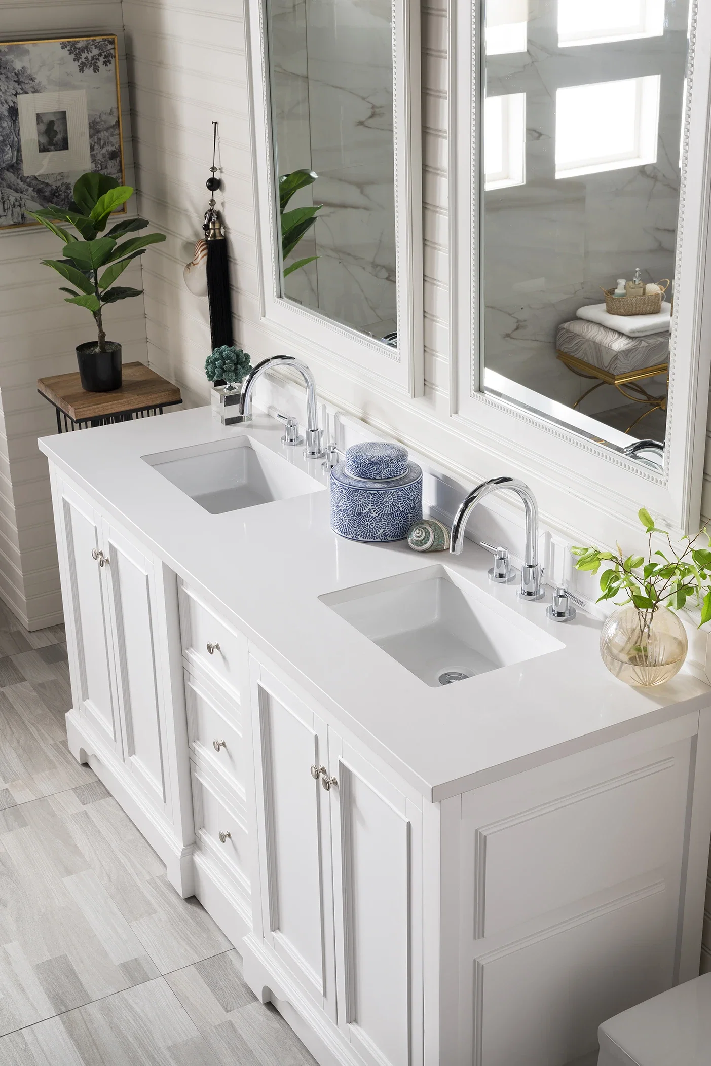De Soto 72" Double Vanity, Bright White w/ 3 CM White Zeus Silestone Top