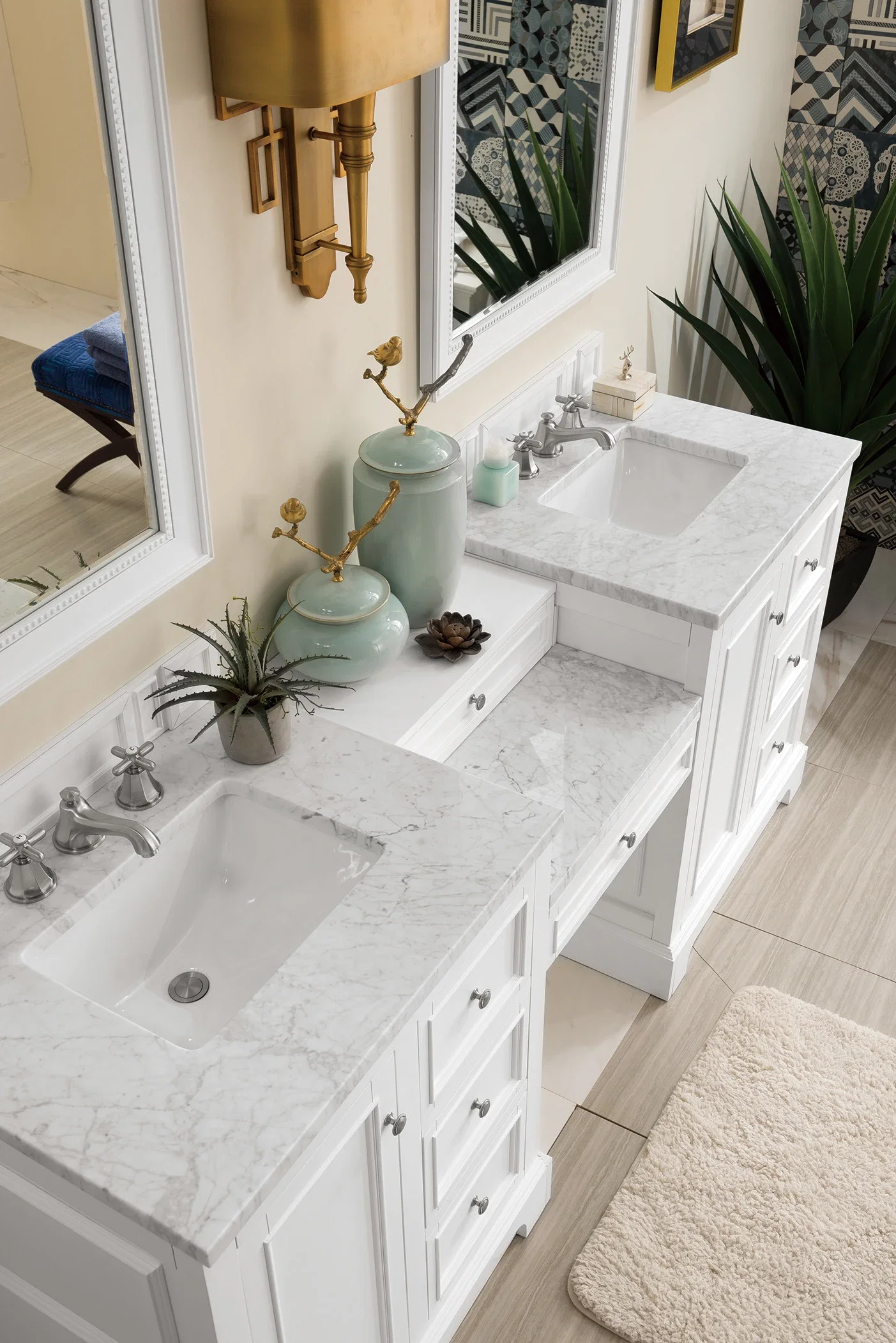 De Soto 82" Double Vanity Set, Bright White w/ 3 CM Carrara Marble Top