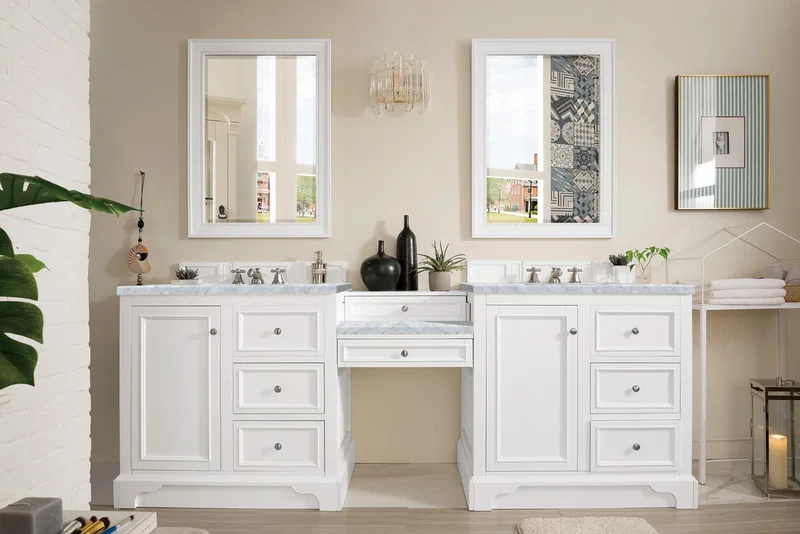 De Soto 94" Double Vanity Set, Bright White w/ 3 CM Carrara Marble Top