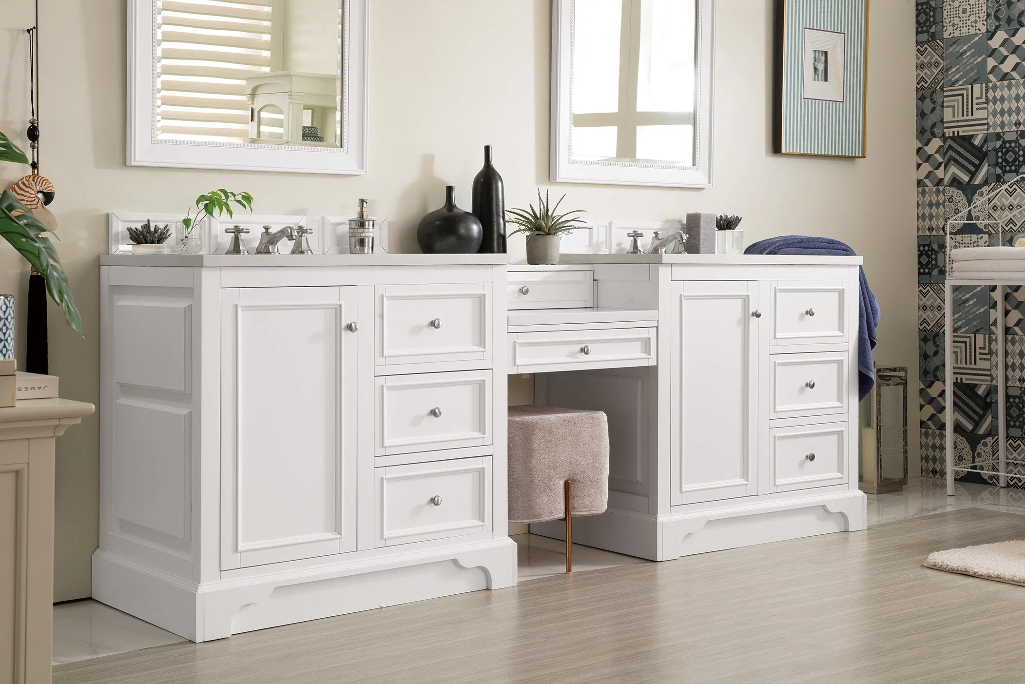 De Soto 94" Double Vanity Set, Bright White w/ 3 CM White Zeus Silestone Top