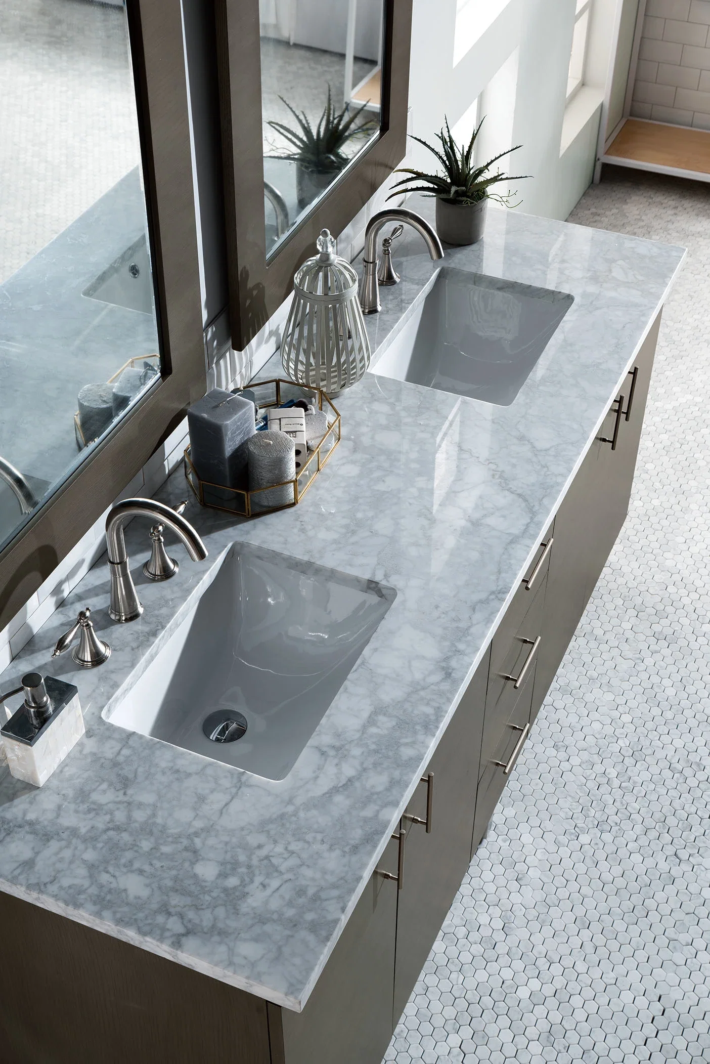 Metropolitan 72" Double Vanity, Silver Oak w/ 3 CM Carrara Marble Top