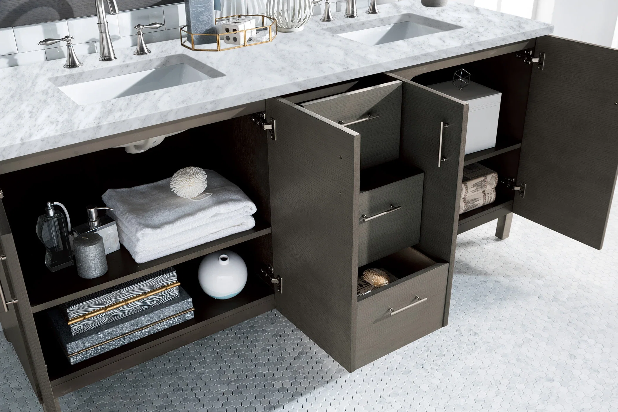 Metropolitan 72" Double Vanity, Silver Oak w/ 3 CM Carrara Marble Top
