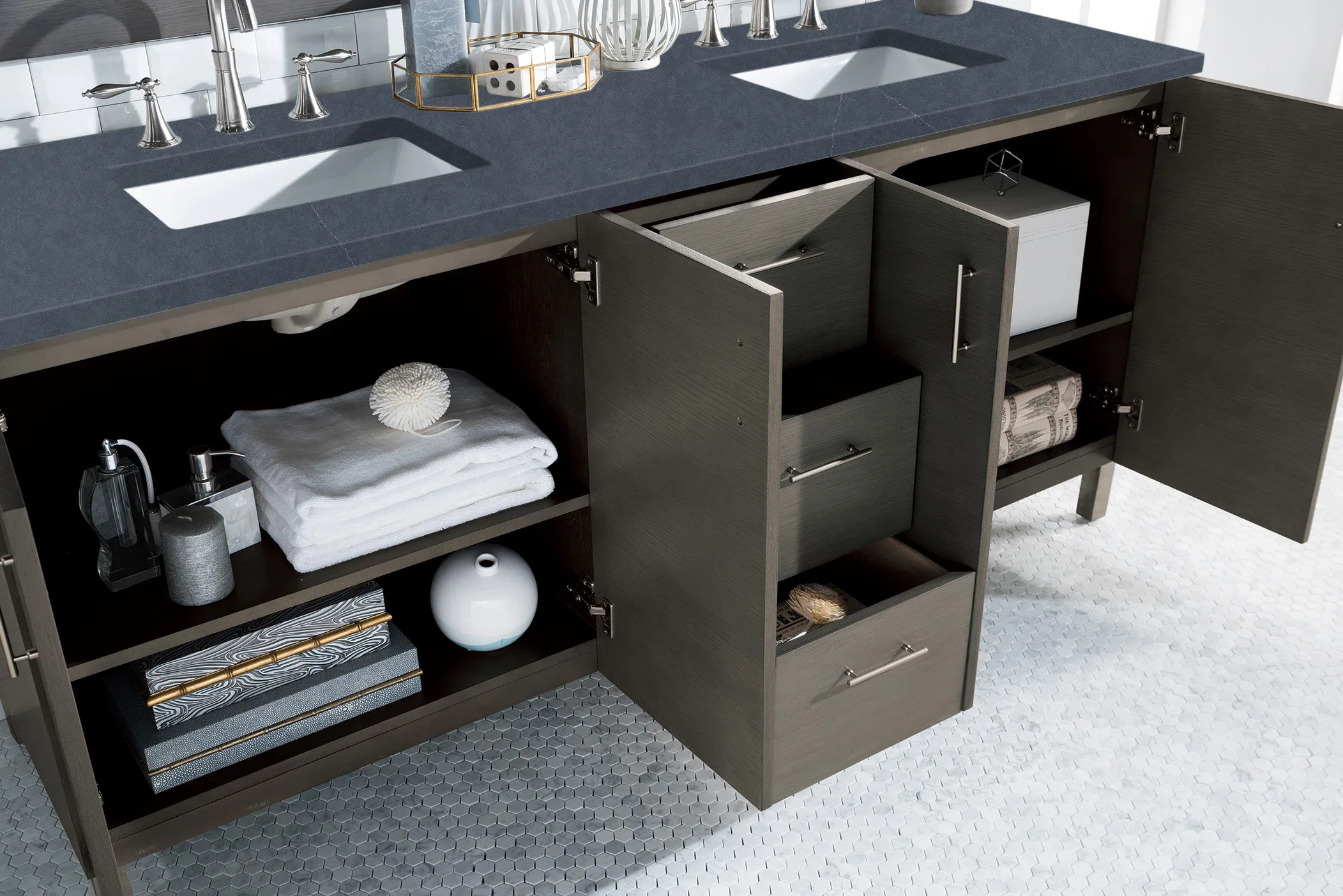 Metropolitan 72" Double Vanity, Silver Oak w/ 3 CM Charcoal Soapstone Silestone Top