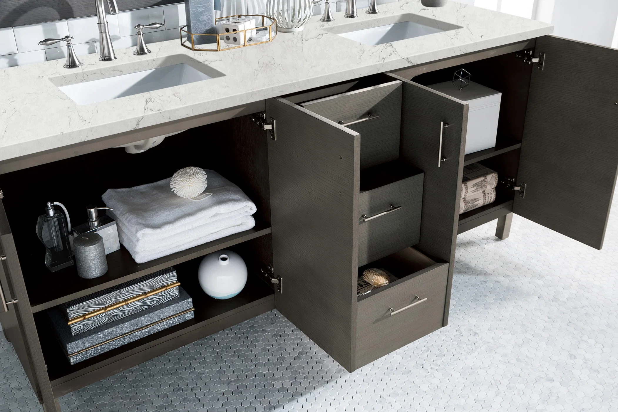 Metropolitan 72" Double Vanity, Silver Oak w/ 3 CM Eternal Jasmine Pearl Silestone Top