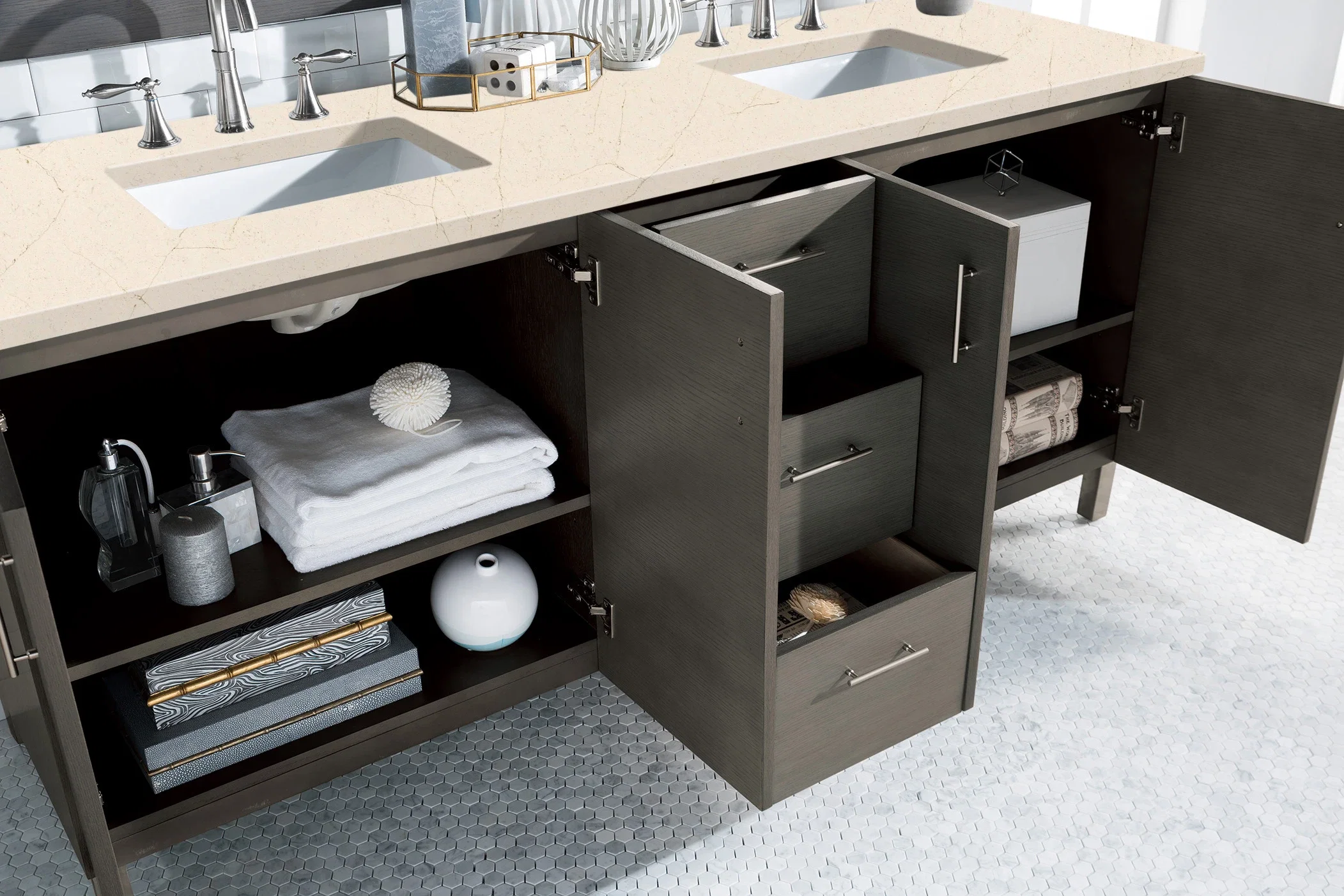 Metropolitan 72" Double Vanity, Silver Oak w/ 3 CM Eternal Marfil Silestone Top
