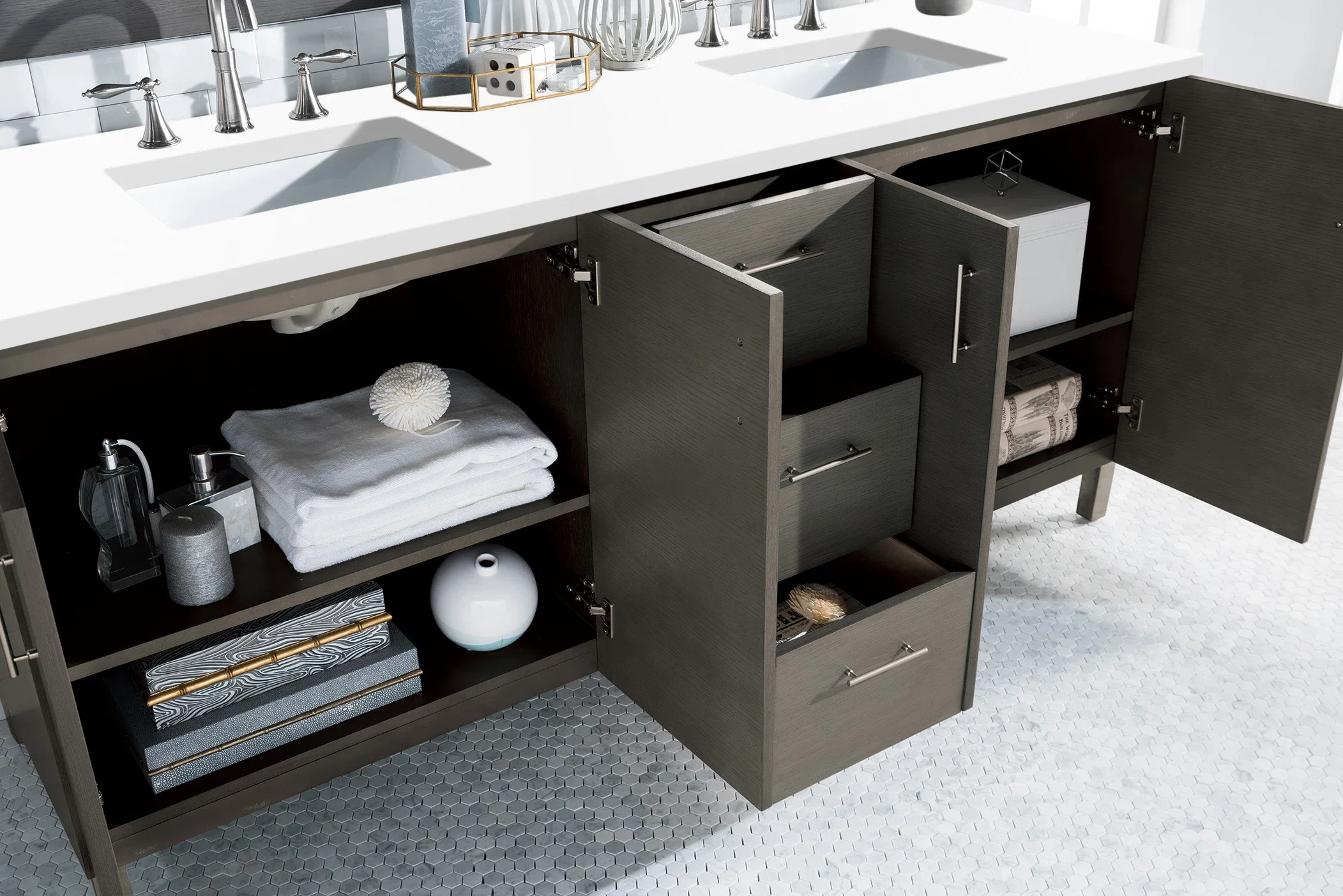 Metropolitan 72" Double Vanity, Silver Oak w/ 3 CM White Zeus Silestone Top