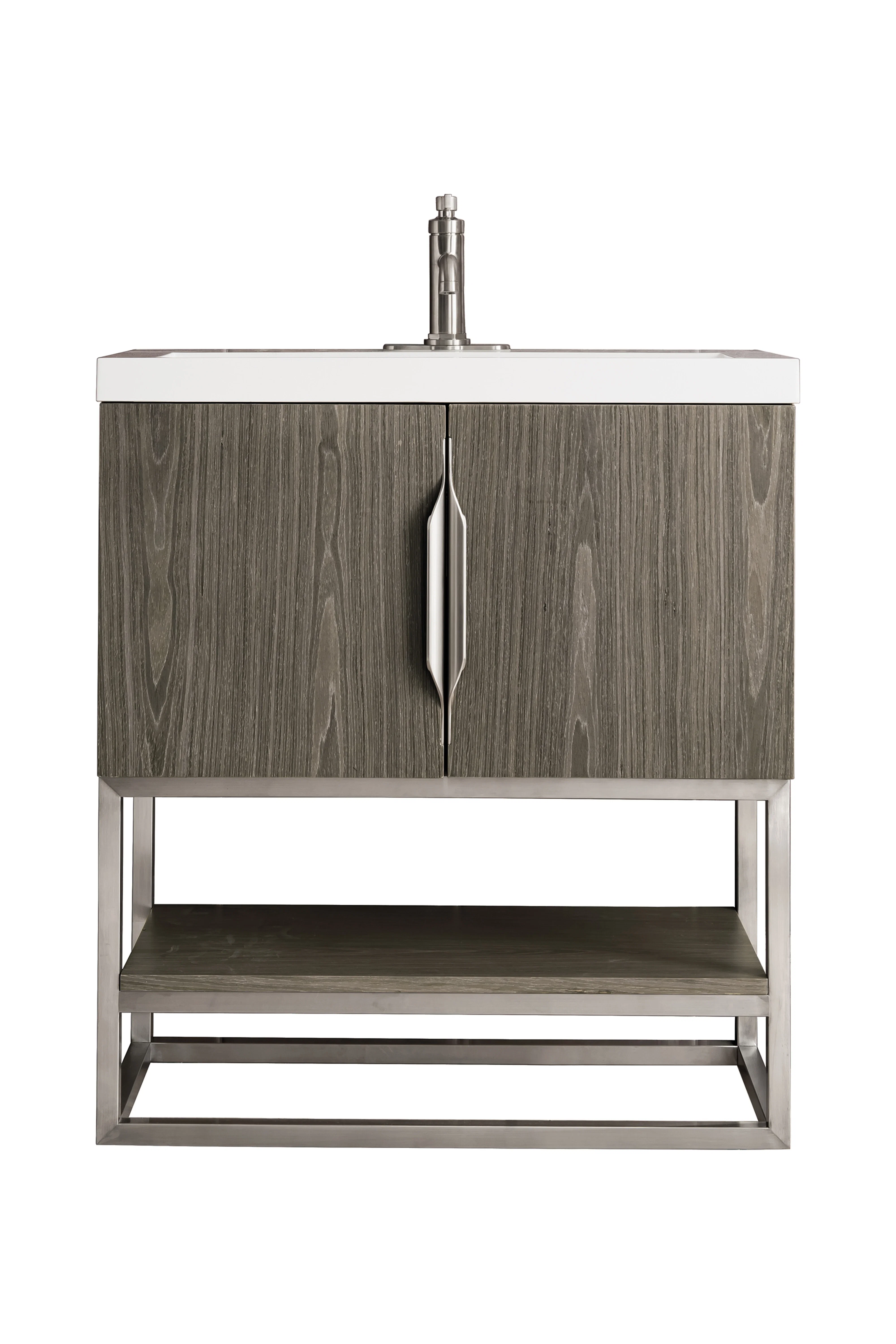 Columbia 31.5" Single Vanity, Ash Gray, Brushed Nickel, w/ White Glossy Composite Stone Top