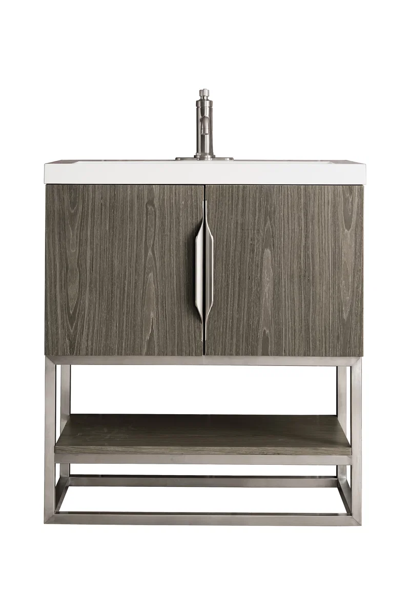Columbia 31.5" Single Vanity, Ash Gray, Brushed Nickel, w/ White Glossy Composite Stone Top