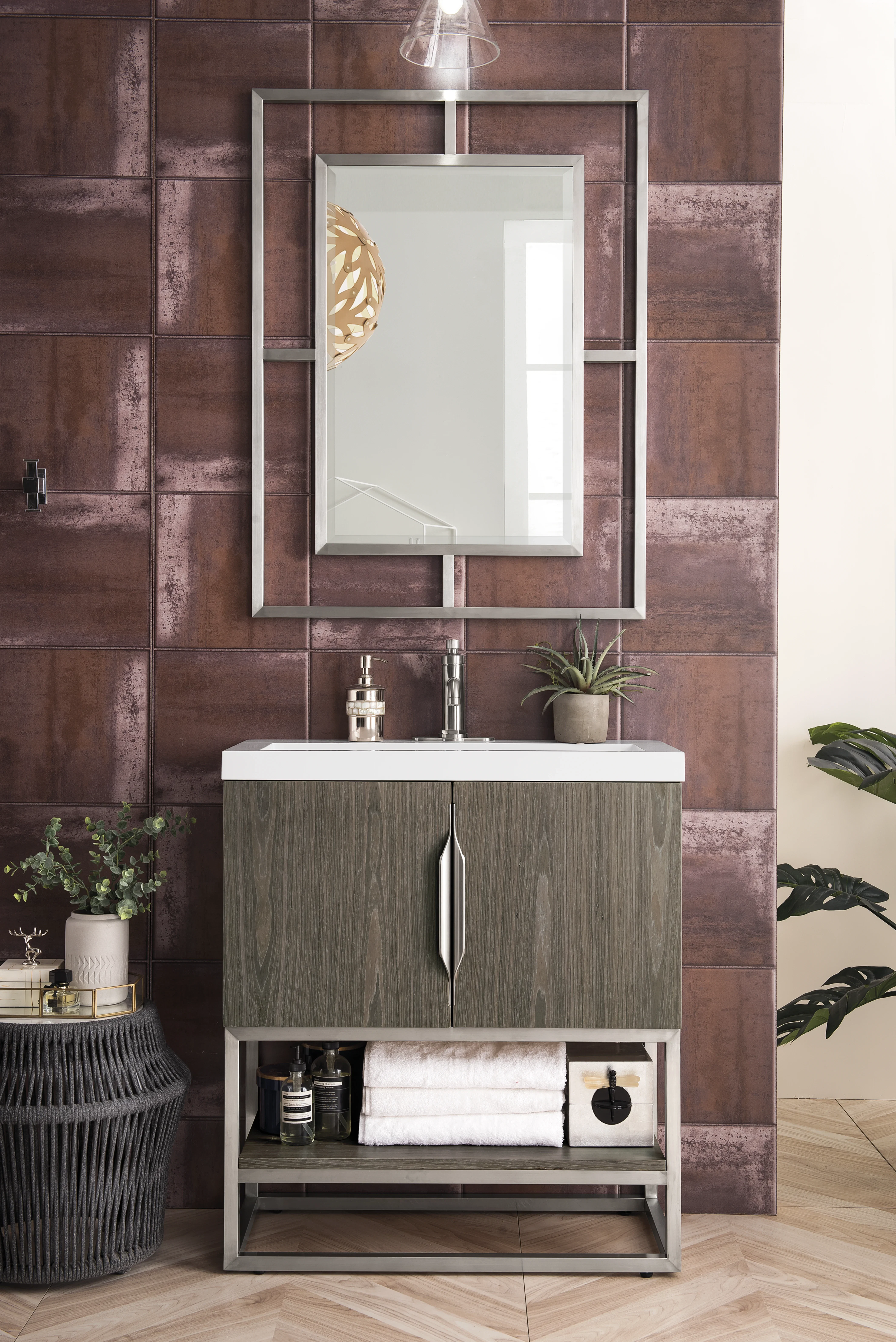 Columbia 31.5" Single Vanity, Ash Gray, Brushed Nickel, w/ White Glossy Composite Stone Top