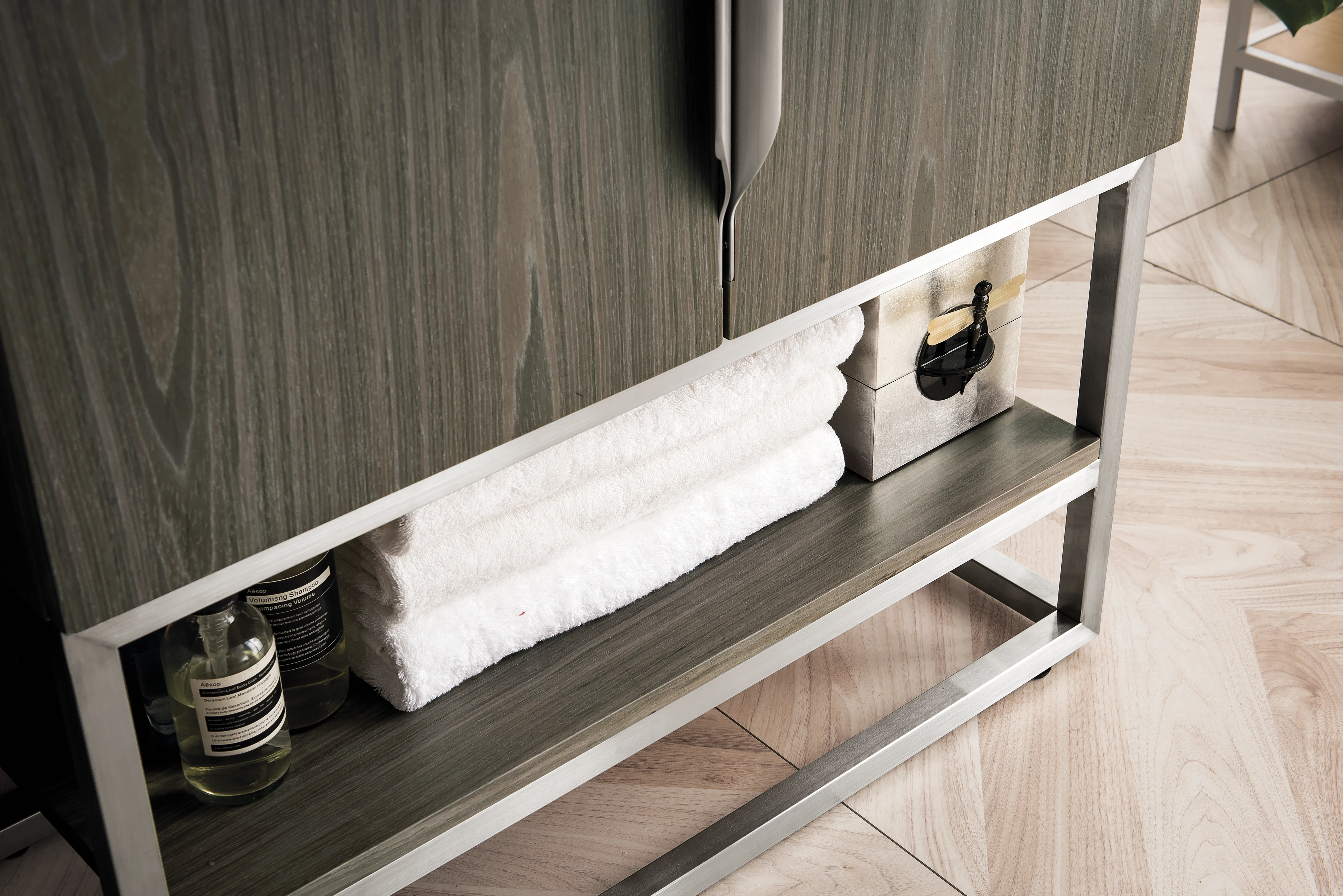 Columbia 31.5" Single Vanity, Ash Gray, Brushed Nickel, w/ White Glossy Composite Stone Top