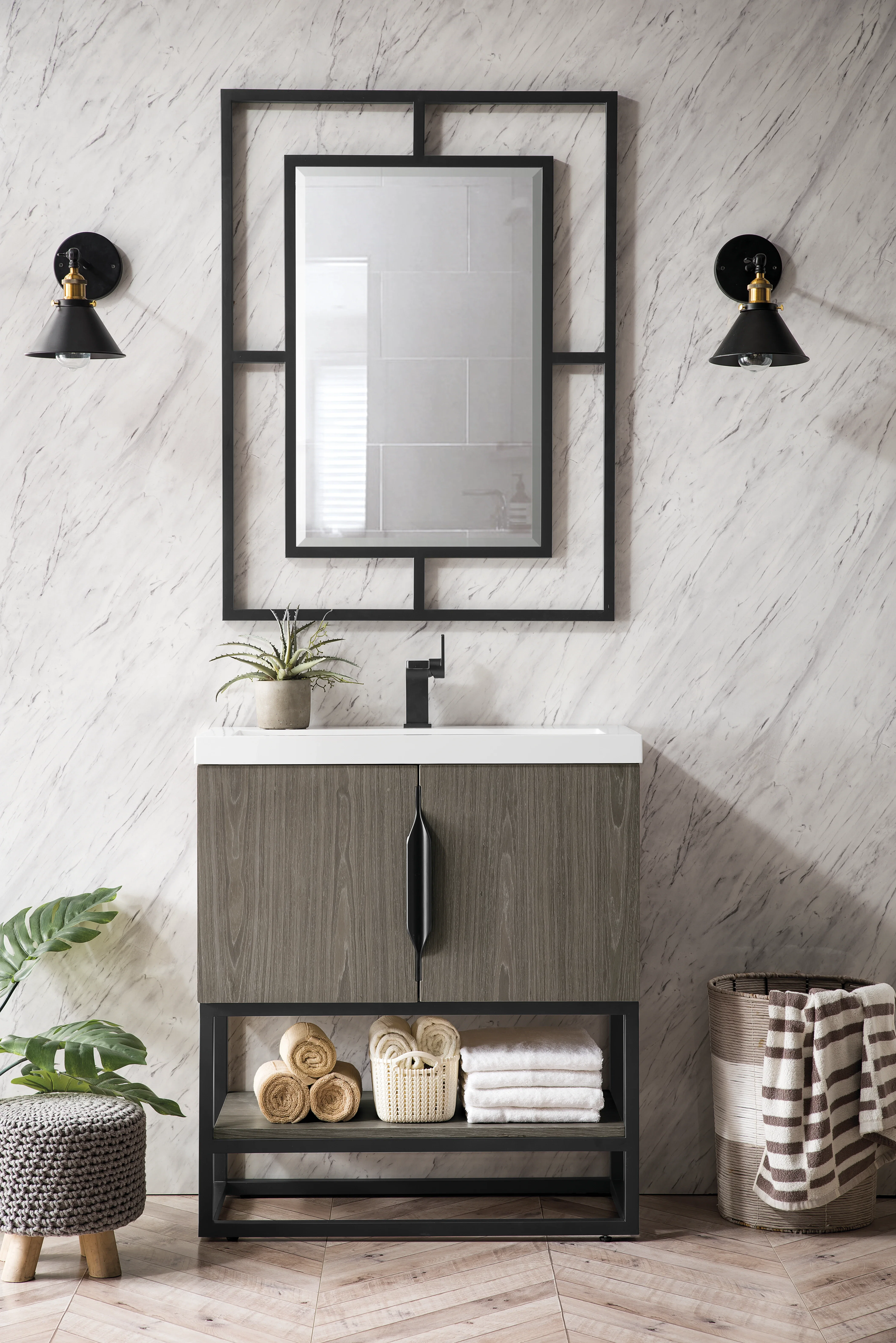Columbia 31.5" Single Vanity, Ash Gray, Matte Black, w/ White Glossy Composite Stone Top