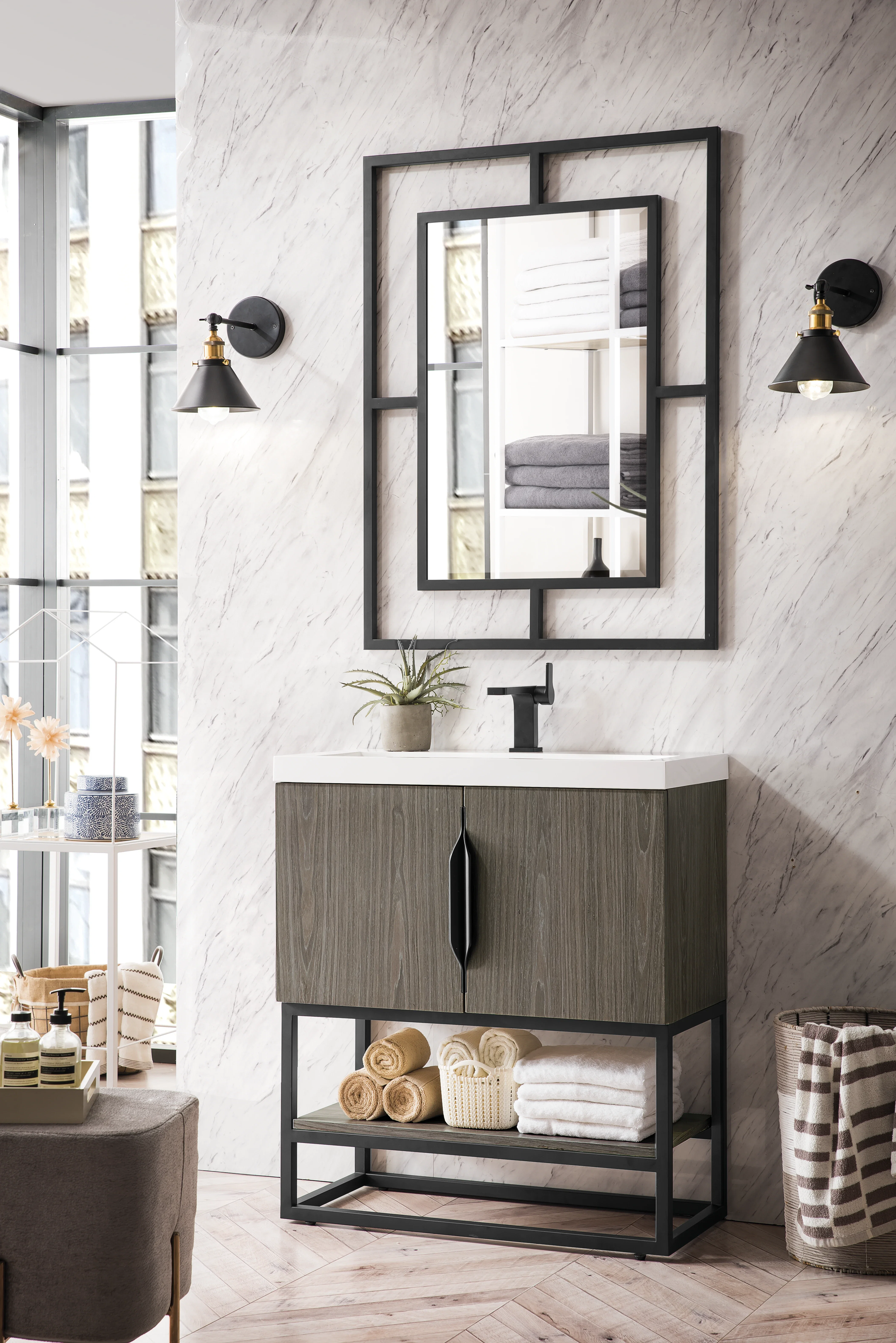 Columbia 31.5" Single Vanity, Ash Gray, Matte Black, w/ White Glossy Composite Stone Top