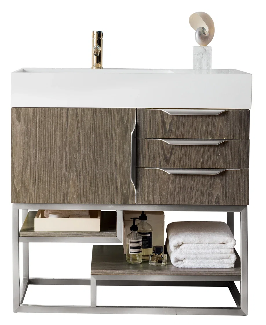 Columbia 36" Single Vanity, Ash Gray, Brushed Nickel w/ Glossy White Composite Stone Top