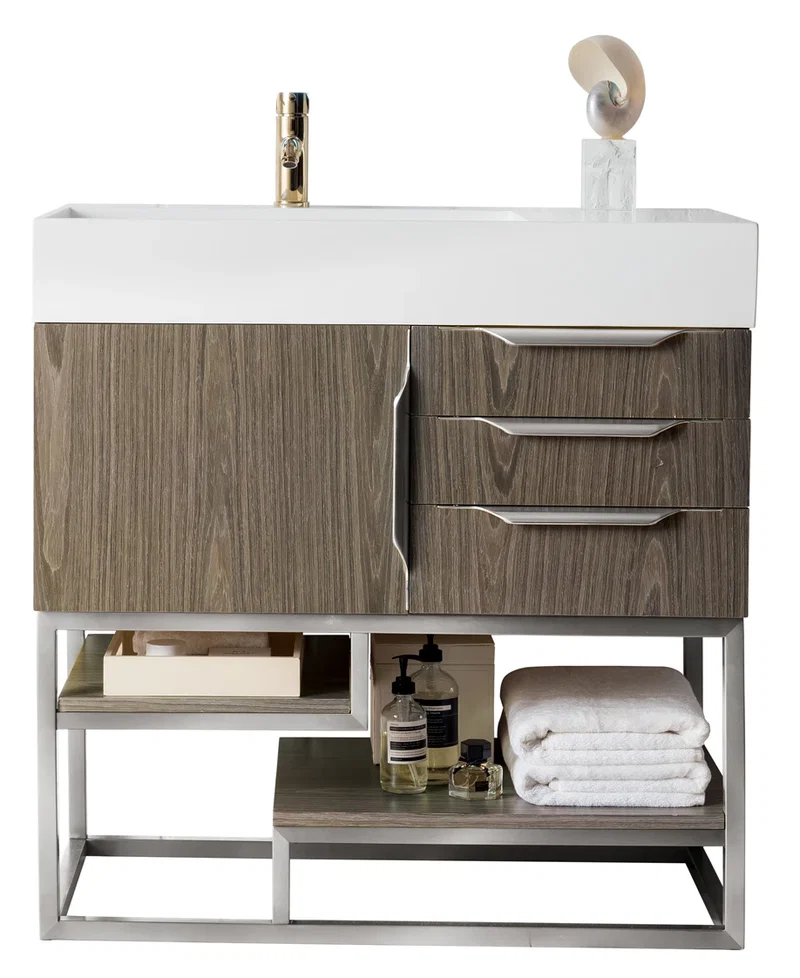 Columbia 36" Single Vanity, Ash Gray, Brushed Nickel w/ Glossy White Composite Stone Top