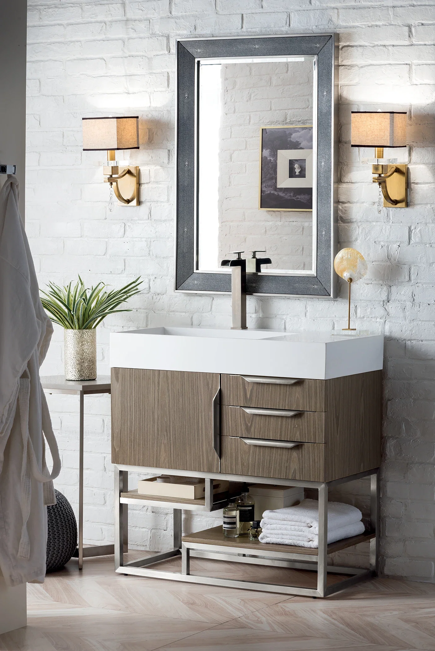 Columbia 36" Single Vanity, Ash Gray, Brushed Nickel w/ Glossy White Composite Stone Top