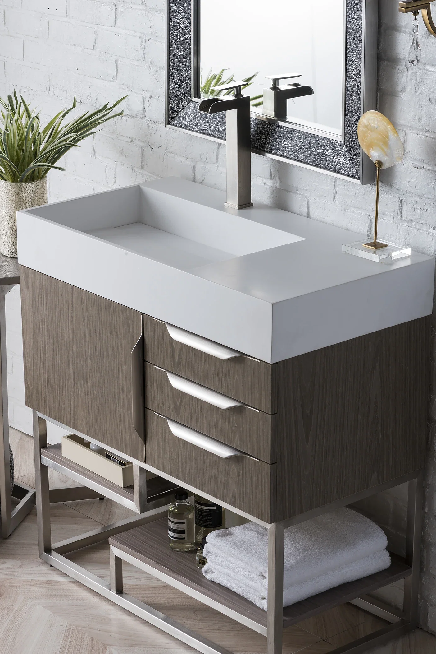 Columbia 36" Single Vanity, Ash Gray, Brushed Nickel w/ Glossy White Composite Stone Top