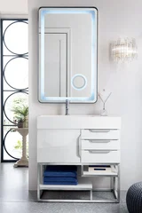 Columbia 36" Single Vanity, Glossy White, Brushed Nickel w/ Glossy White Composite Stone Top