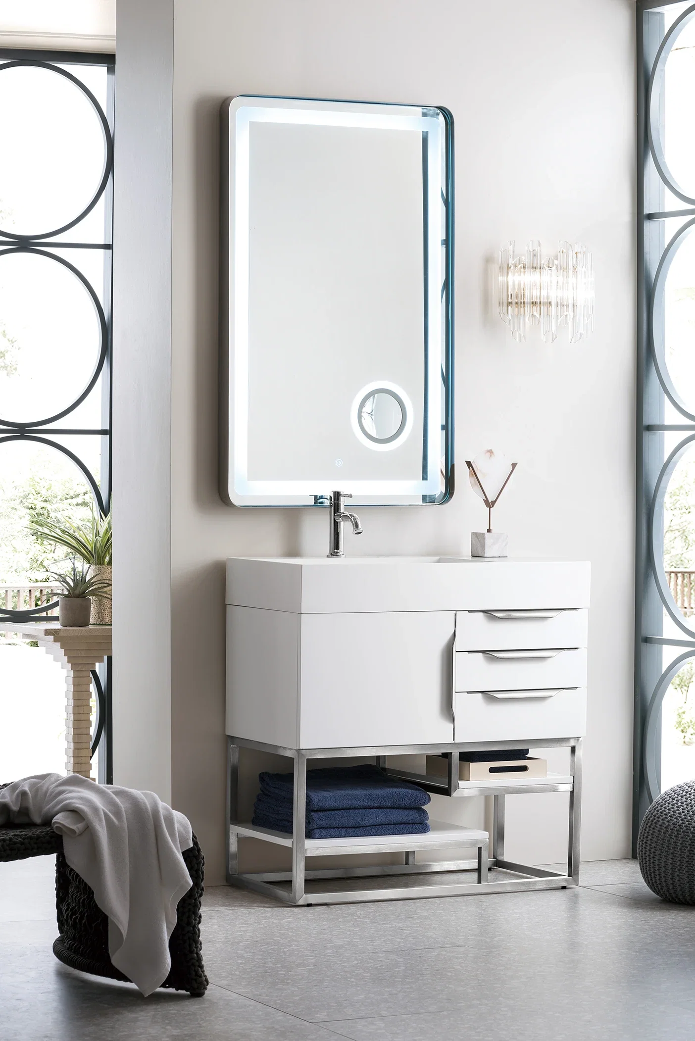 Columbia 36" Single Vanity, Glossy White, Brushed Nickel w/ Glossy White Composite Stone Top