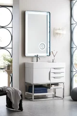 Columbia 36" Single Vanity, Glossy White, Brushed Nickel w/ Glossy White Composite Stone Top