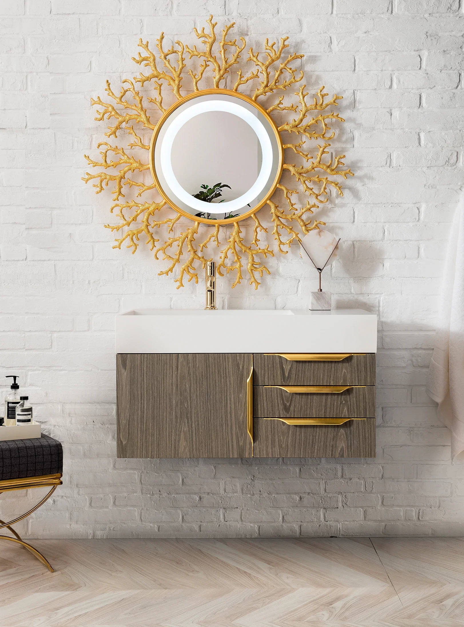 Columbia 36" Single Wall Mount Vanity, Ash Gray, Radiant Gold w/ Glossy White Composite Stone Top