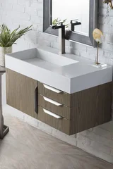 Columbia 36" Single Wall Mount Vanity, Ash Gray, Brushed Nickel w/ Glossy White Composite Stone Top