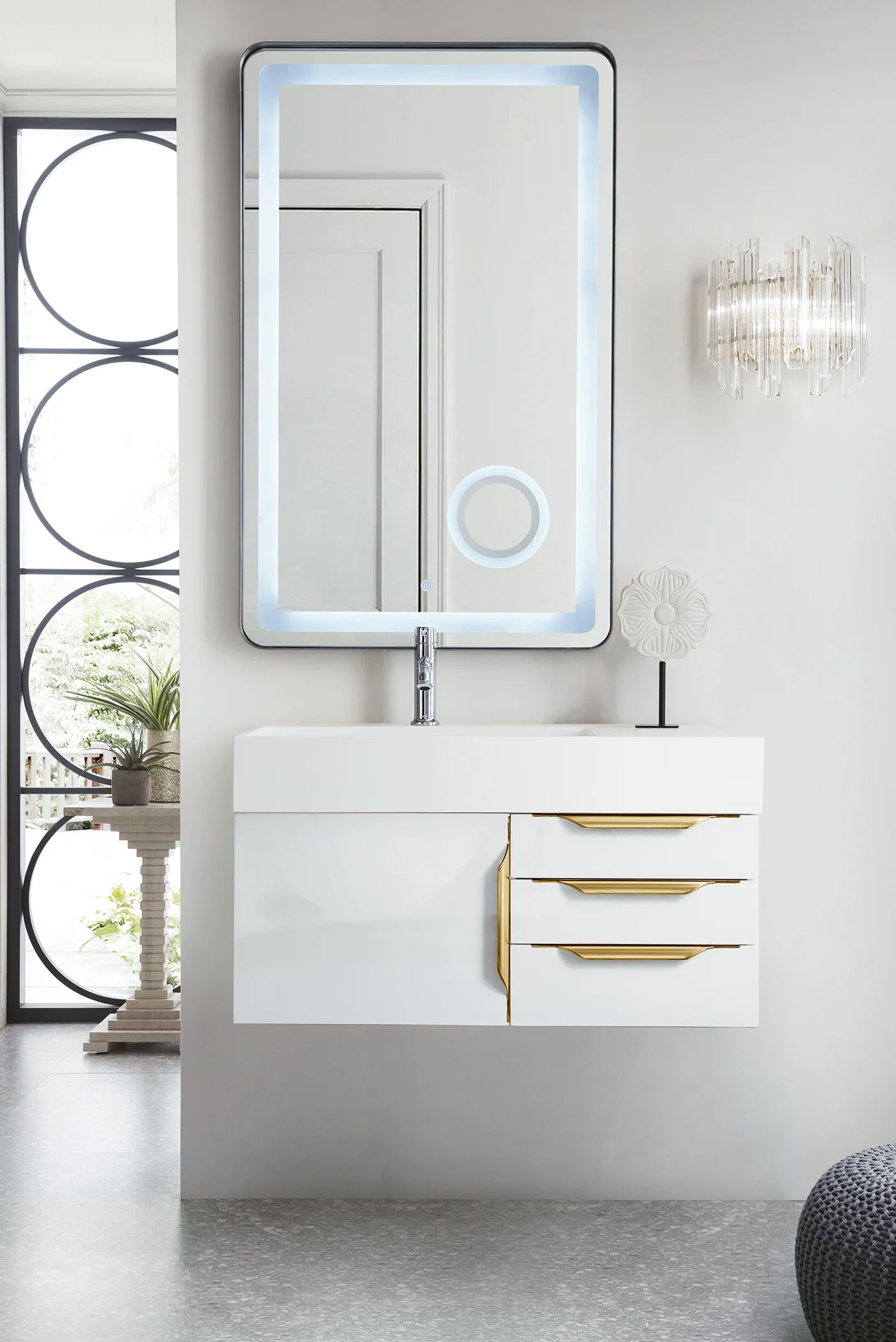 Columbia 36" Single Wall Mount Vanity, Glossy White, Radiant Gold w/ Glossy White Composite Stone Top