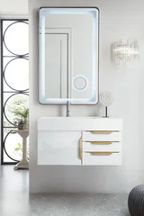 Columbia 36" Single Wall Mount Vanity, Glossy White, Radiant Gold w/ Glossy White Composite Stone Top