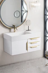 Columbia 36" Single Wall Mount Vanity, Glossy White, Radiant Gold w/ Glossy White Composite Stone Top