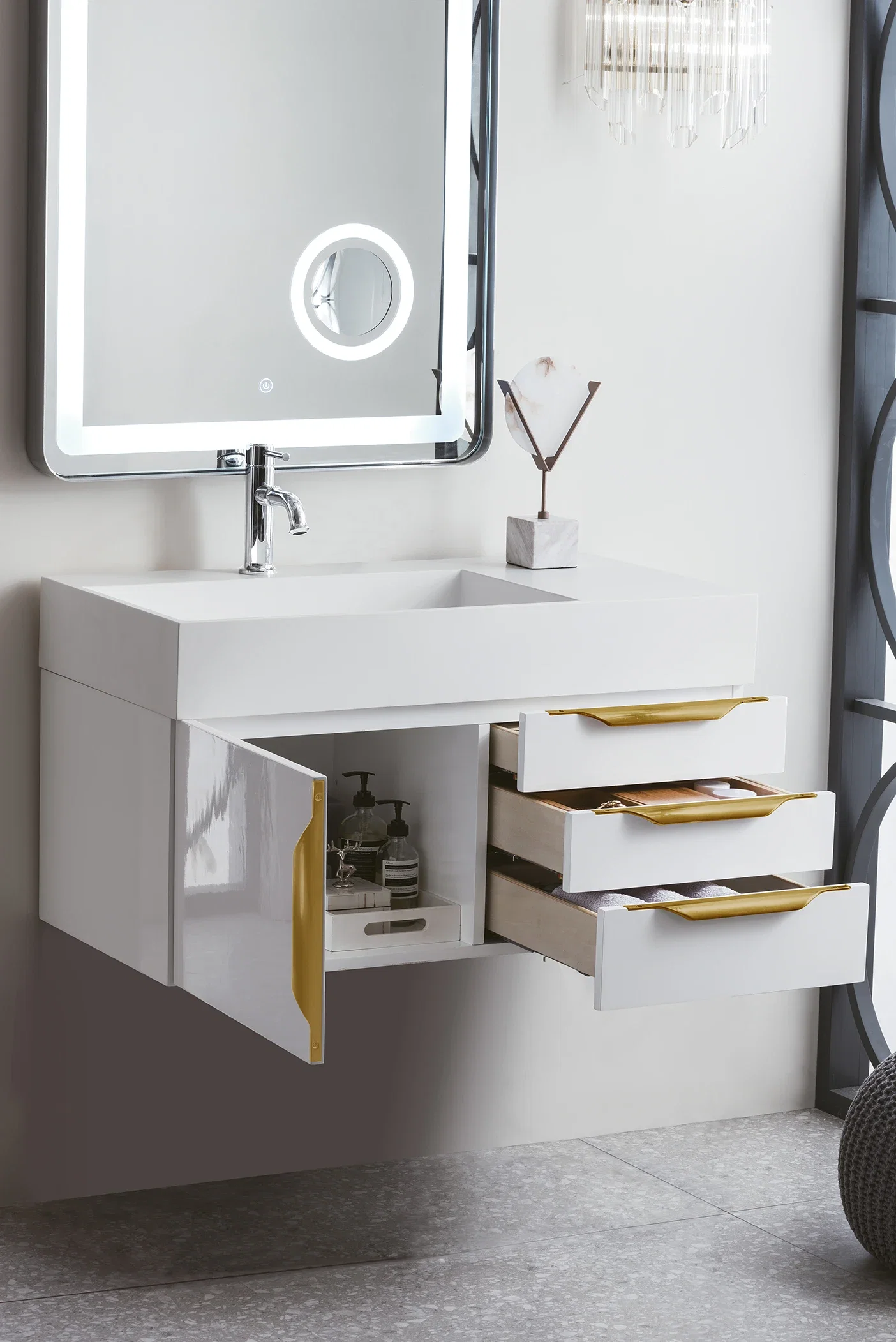 Columbia 36" Single Wall Mount Vanity, Glossy White, Radiant Gold w/ Glossy White Composite Stone Top