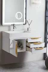 Columbia 36" Single Wall Mount Vanity, Glossy White, Radiant Gold w/ Glossy White Composite Stone Top