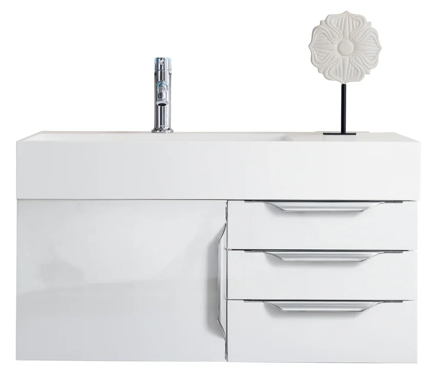 Columbia 36" Single Wall Mount Vanity, Glossy White, Brushed Nickel w/ Glossy White Composite Stone Top
