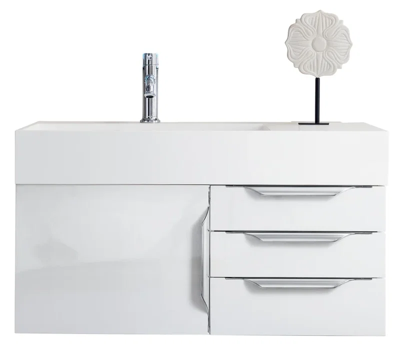 Columbia 36" Single Wall Mount Vanity, Glossy White, Brushed Nickel w/ Glossy White Composite Stone Top