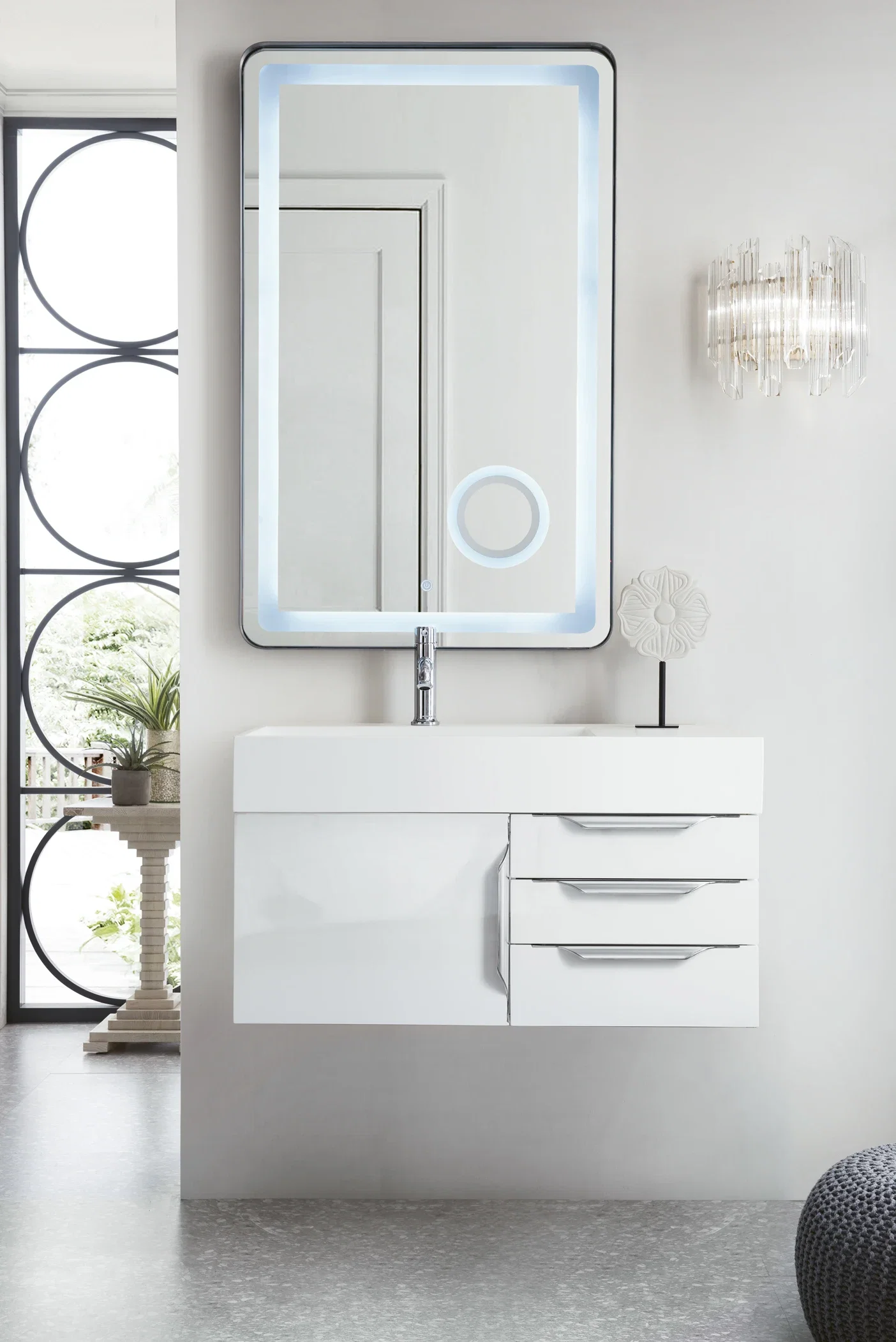 Columbia 36" Single Wall Mount Vanity, Glossy White, Brushed Nickel w/ Glossy White Composite Stone Top