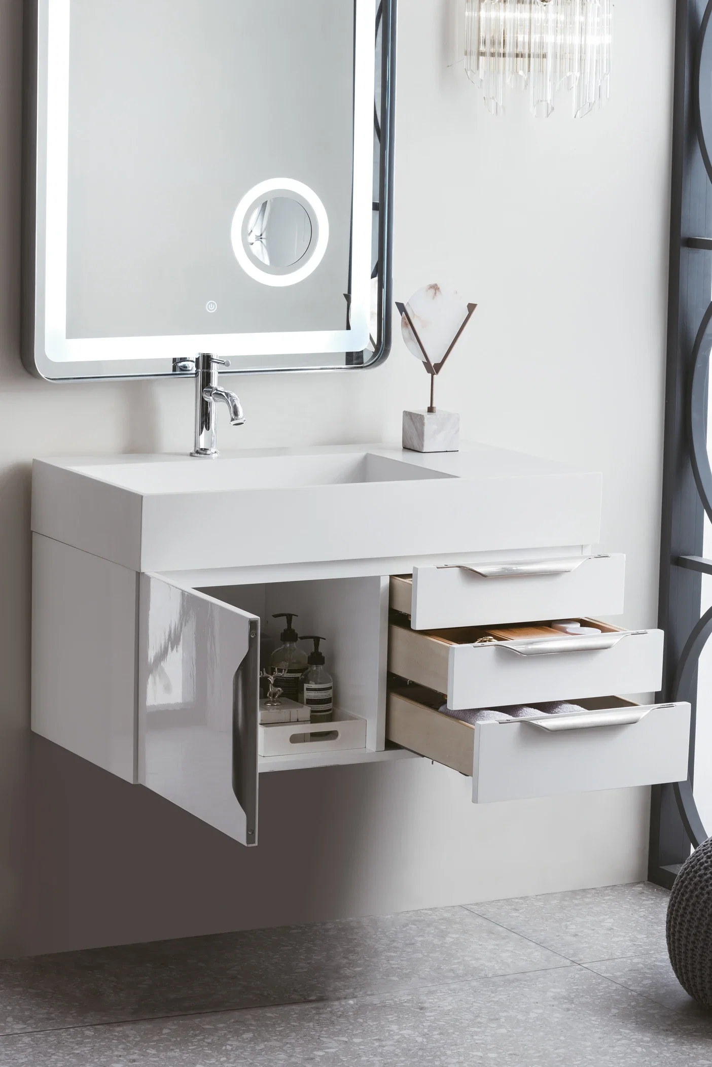 Columbia 36" Single Wall Mount Vanity, Glossy White, Brushed Nickel w/ Glossy White Composite Stone Top