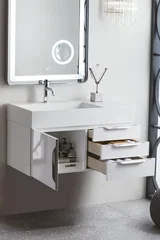 Columbia 36" Single Wall Mount Vanity, Glossy White, Brushed Nickel w/ Glossy White Composite Stone Top