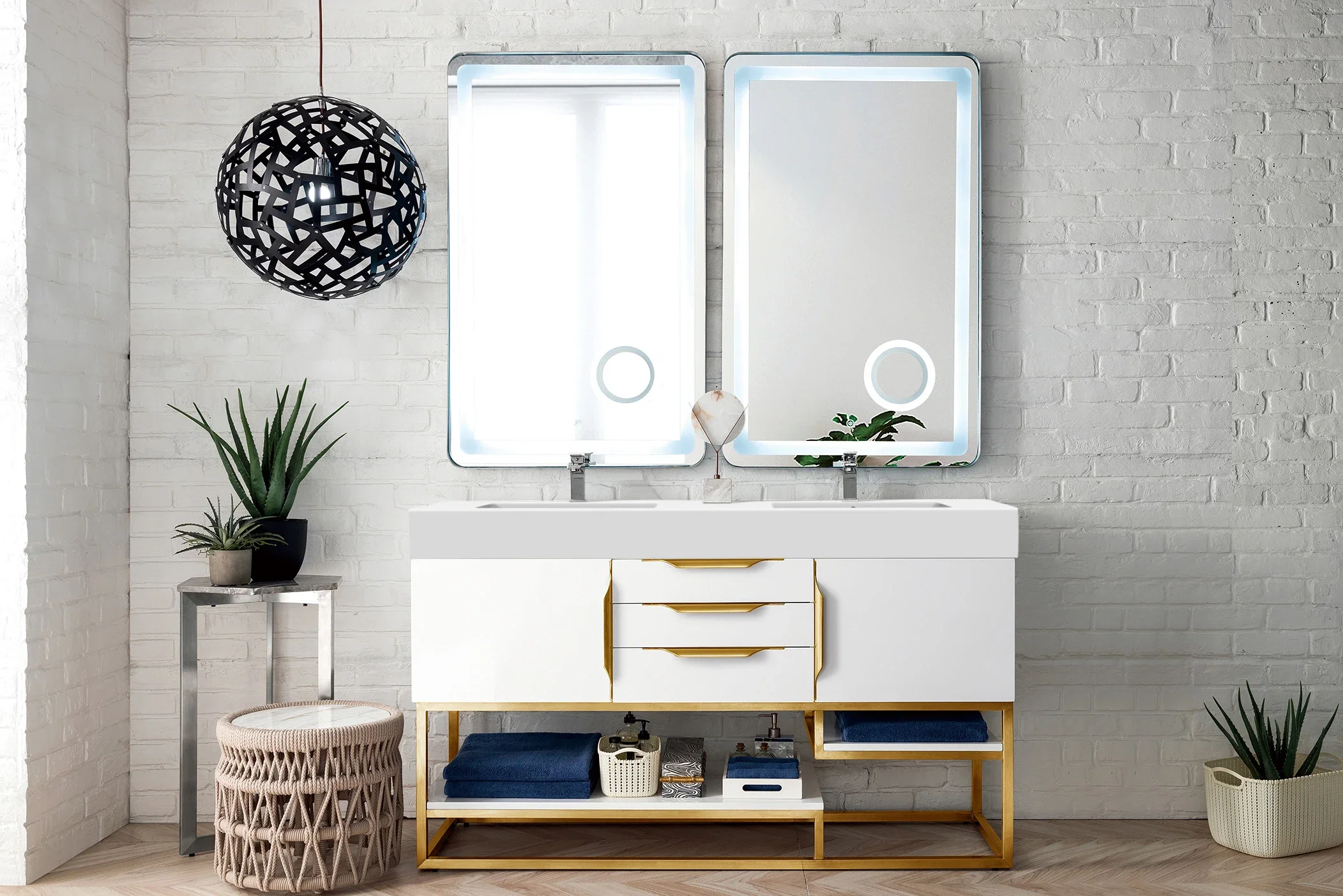 Columbia 59" Double Vanity, Glossy White, Radiant Gold w/ Glossy White Composite Stone Top